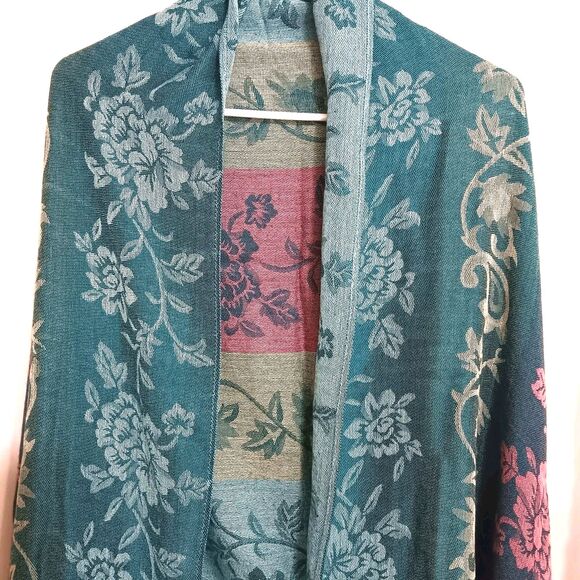 Pashmina Teal, Pink, Blue, Floral Scarf Cashmere, and Silk - Picture 6 of 9